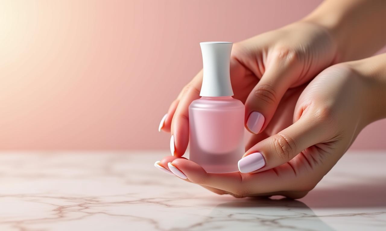 Mains élégantes avec des ongles bien soignés tenant un flacon de vernis.
