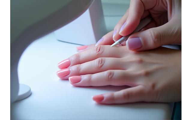 Vue rapprochée d'une manucure en train d'appliquer du gel sur un ongle.