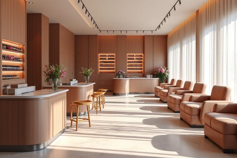 Intérieur élégant du salon L'Ondine Beauté avec des postes de manucure et des touches de décoration luxueuse.