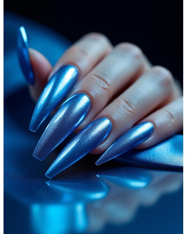 Ongles longs effet chrome bleu glacier