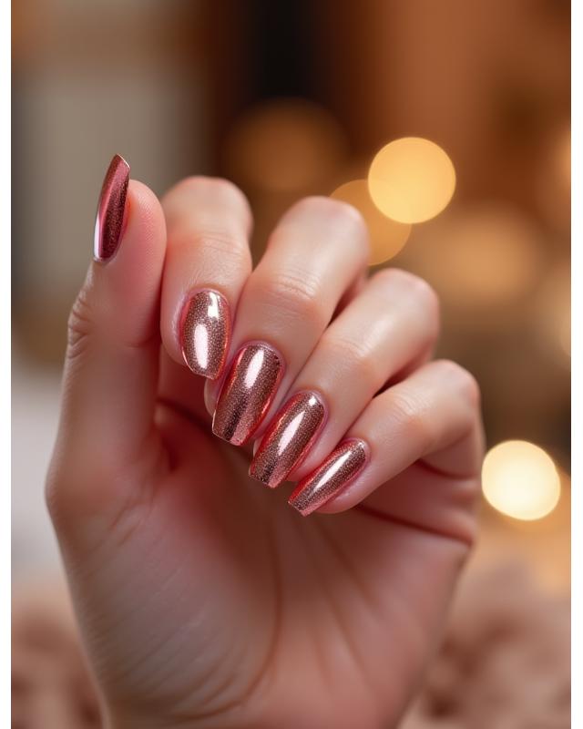 Ongles effet chrome rose irisé sur fond moderne