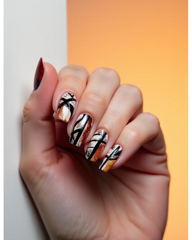 Nail art abstrait et moderne avec des touches de couleur et de noir