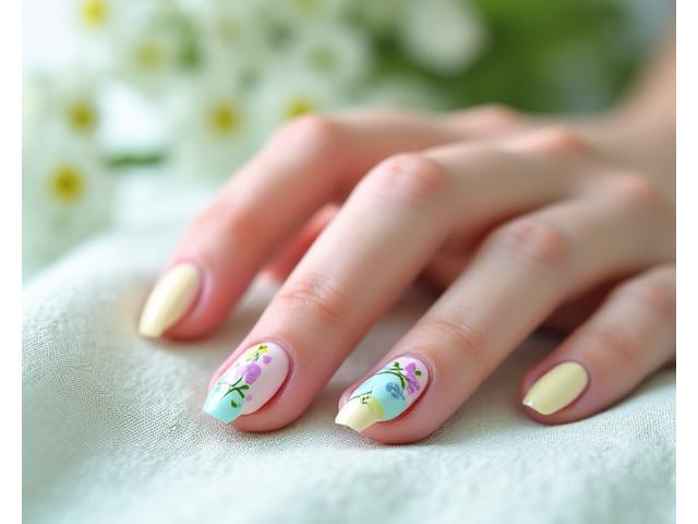 Manucure d'été aux couleurs pastel et motif floral délicat