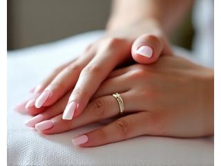 Mains recevant une manucure luxueuse à L'Ondine Beauté, gros plan.