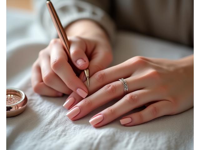 Mains recevant une manucure luxueuse à L'Ondine Beauté avec des outils de soin élégants.