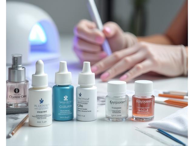 Outils professionnels de pose d'ongles, gel UV et résine, sur une table de travail de prothésiste ongulaire.